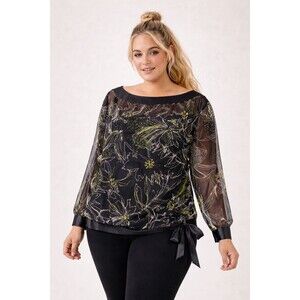 Tadashi Silk Sheer Blouse 20Q Black Green Floral Wide Neck Satin Trim Plus NWT